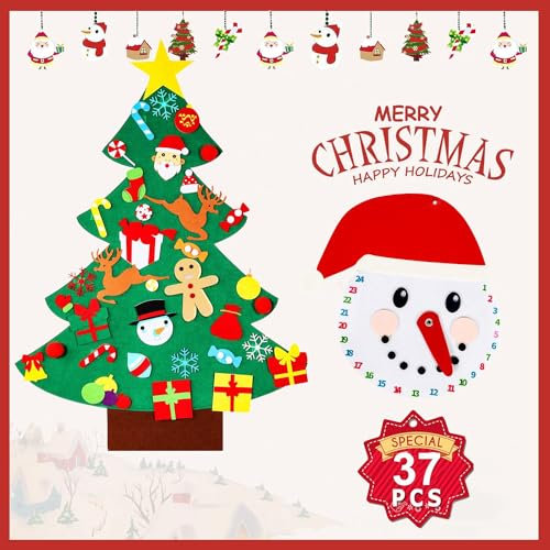 Filz Weihnachtsbaum,Filz Weihnachtsbaum mit Filz Schneemann,Filz Tannenbaum Zum Schmücken Mit 37 Abnehmbaren Hängenden Ornamenten,Filz Weihnachtsbaum Für Home/Tür/Wand Hängend Dekor (37)