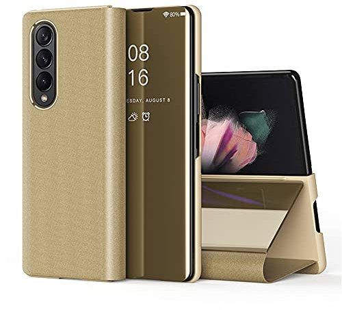 QIWEIQING Hülle Kompatibel mit Samsung Galaxy Z Fold 5 Hülle, Handyhülle Spiegel Makeup Flip Handy Case PC Stand Mirror Schutzhülle für Samsung Galaxy Z Fold 5 Mirror Golden QH