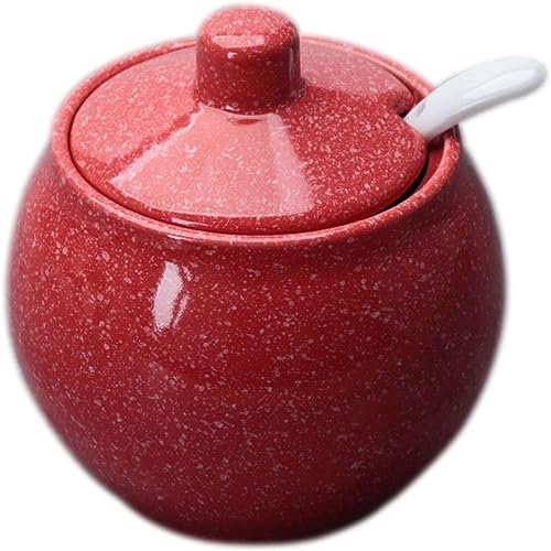 EPASHA Sucrier, Sucrier de Couleur Unie avec Couvercle, Joli Pot de Rangement, Sucrier en Porcelaine avec Cuillère, Petit Pot à Sel, for Bar à Café, Restaurant-rouge-10x7x10cm (Color : Red)
