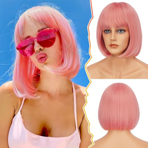 BARSDAR Rosa Kurze Perücke mit Pony, 30cm Gerade Bob mit Pony Perücke für Damen Natürlich Aussehend Hitzebeständige Synthetische Perücken Tägliche Party Halloween (Rosa)