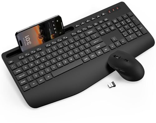 Wireless Keyboard and Mouse Combo, Full-Size Ergonomic Keyboard with Wrist Rest, Phone Holder, Sleep Mode, Silent 2.4GHz Cordless Set for Computer, Laptop, PC, Mac, Windows (Black) (Black)