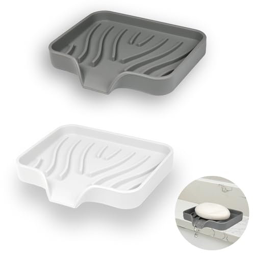 YoHyien 2 Piezas Jabonera de Silicona, Jabonera con Drenaje, Jabonera Esponja, Jaboneras para Pastillas de Jabon, Diseño Antideslizante para Baño, Cocina, Ducha (Blanca + Gris)