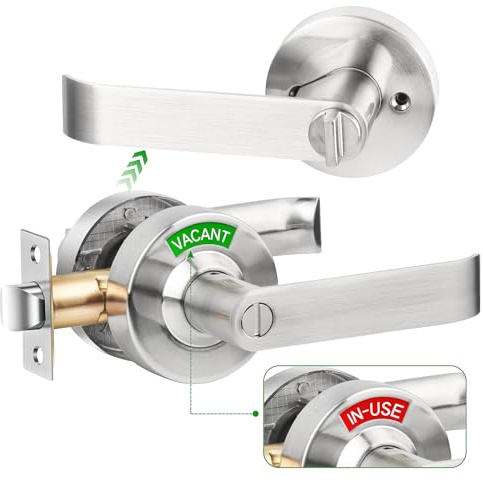 Feeloco Commercial Vacant Occupied Bathroom Door Lock, Privacy Door Lock | Restroom Door Handle with Indicator Sign, Stainless Steel, Fits 1-3/8 to 2 Door, for Restaurants Hotels Office(Silver)