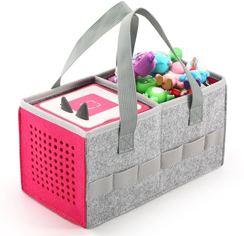 OUKNAK Travel Felt Carrying Case & Storage Bag for Toniebox/Tonies(Pink) | Felt travel bag for Toniebox 2, figures, headphones, charger & starter set. Hollow-out for sound. Lightweight, foldable.