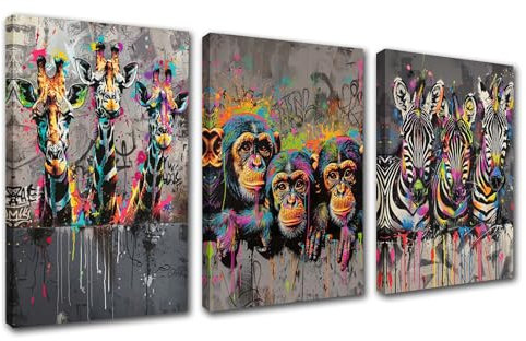 3-teiliges Leinwandbild, Graffiti, Banksy-Tierbilder, Giraffe, Affe, Zebra, Gemälde, zeitgenössisches Büro-Kunstwerk, Straßen-Graffiti, Heimdekoration für Wohnzimmer, mit Holzrahmen, fertig zum