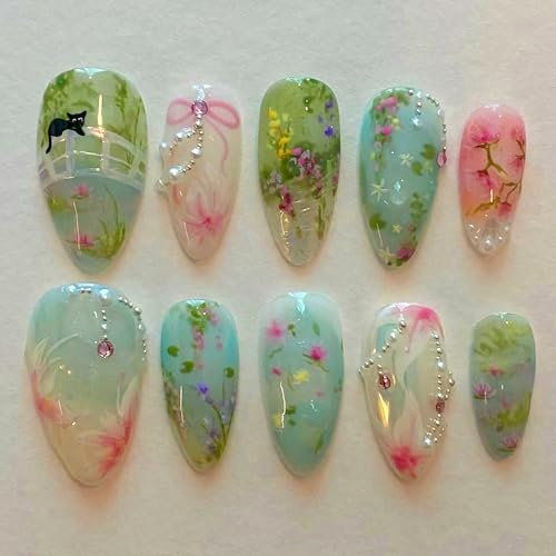 BABALAL Almond Press On Nails Medium Blue Green False Nails Bow Glue On Nails Cute Cat Flower Design Acrylic Nails 24 Pcs Stiletto Handmade Full Cover False Nails