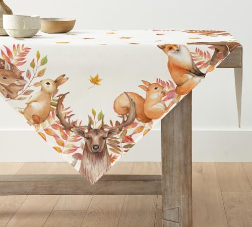 Artoid Mode Bäume Hirsch Deer Vögel Herbst Tischdecke, Saisonnal Tischwäsche Küche Tisch Dekoration Drinnen Urlaub Party Dekor 85x85 cm