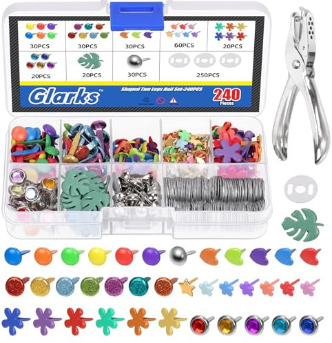 Glarks 491PCS Metall Papier Brads Set, Multi Farbe und Form Papier Befestigungen mit Unterlegscheiben und Loch Punch für Kunst Crafting und Scrapbooking DIY Projekte