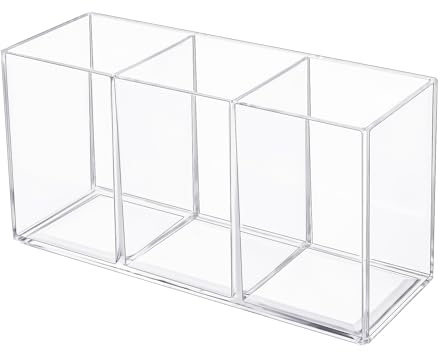 Gjinxi Acrylic Pen Pencil Holder, 3 Compartments Clear Pen Pot Makeup Brush Holder for Desk, Office Desk Sorter for Document, Acrylic Organiser Pen Holder Desk for Tidy (7.09 x 3.54 x 2.56 inches)