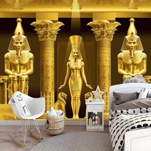 Fototapeten Goldene Ägyptische Königin Wandtapete Vlies Wand Tapete - 250 x 175 cm - Flur Dekoration Wandbilder Moderne Wanddeko Herrlicher Architekt Mit Menschlichem Gesicht Fototapete