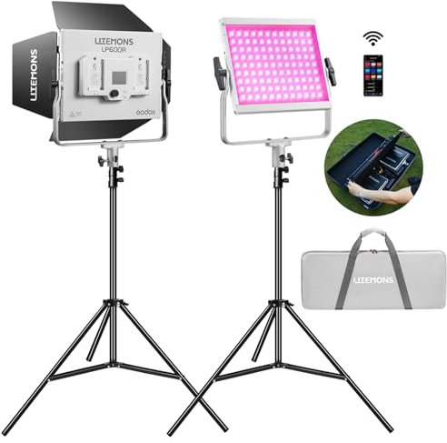 Godox Pack of 2 Litemons LP600R RGB LED Light Panel Kit with Tripod/Carry Bag, App Control, 60W Photo Studio Lighting, 1800K - 10000K, 14 FX Modes, 360° Rotatable (LP600R K2)