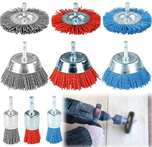 Nylondraht Topfbürste, 9 Stück Set Drahtbürsten Nylonbürste mit Sechskant Schaft 1/4“ (6,35 mm), 3 Größen Nylon Bohrbürstenset zur Entfernung Schleifbürstenset von Rost und Korrosion