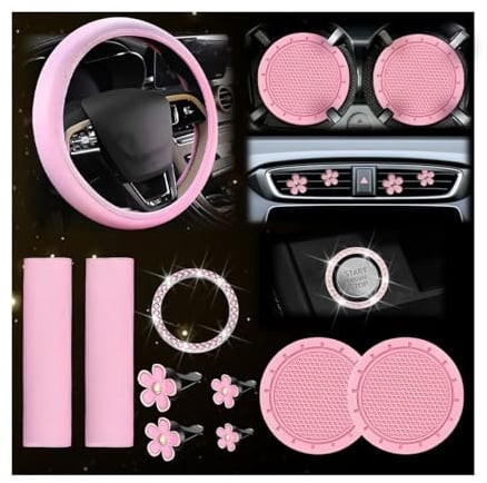 JNNJ 10 Stück Lenkradabdeckung, Lenkradabdeckung Für Frauen, Niedliches Autozubehör-Set, Mit Sicherheitsgurt, Schulterpolstern, Getränkehaltern, Für Frauen Und Mädchen Auto-Innenraum Anzug(Rosa)