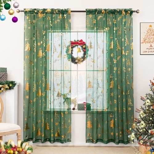 Karseteli Tende trasparenti natalizie per soggiorno, albero di Natale con stampa in lamina d'oro, tende trasparenti con tasca per asta, decorazioni per camera da letto e decorazioni per la casa, 2