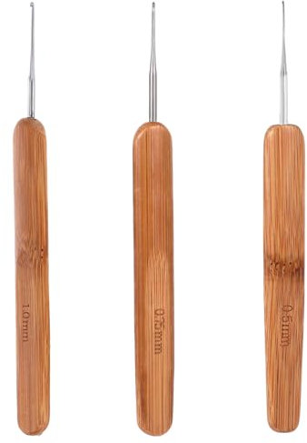 3 Stück Häkelnadeln, 0.5/0.75/1.0mm Häkelnadel Set Dreadlocks Häkelnadel Kleine Größe Häkeln Set Mini Häkelnadel mit Bambusgriffen Stricknadel Spitze Häkelnadel für Dreadlocks, Zöpfe, Braid Craft