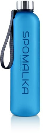 SPOMALKA Hochwertige Tritan Trinkflasche 1L BPA Frei - Auslaufsicher, Bruchsicher, Durchsichtig, Breite Öffnung, Leichtgewicht, Trageschlaufe, Trinkerinnerung, Volumenmarkierung & Motivation (Blau)
