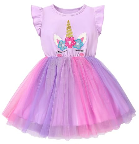 JiAmy Abito da bambina con volant a maniche corte con stampa unicorno, in cotone, tulle, tutù per feste di compleanno per bambine dai 3 agli 8 anni, Viola chiaro, 3-4 Anni