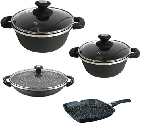 METTMANN PROFESSIONNEL - Batterie de cuisine 14 pièces - Induction, Lot Poele et Casserole Induction - Poêle Antiadhésif Grill 28 cm - Marmite 24/28 cm - Wok 32 cm - Batterie de Cuisine avec couvercle