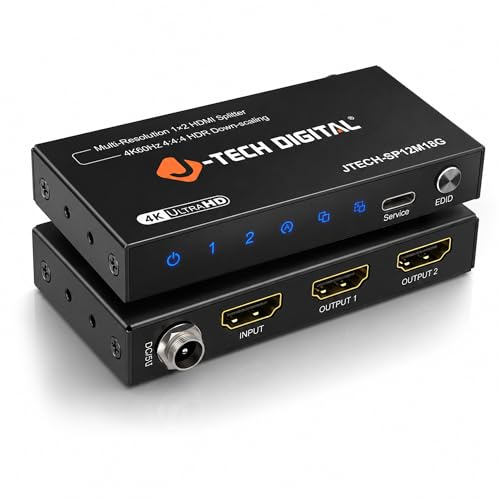 J-Tech Digital HDMI Splitter 1 in 2 Out 4K 60Hz 18Gbps – 1x2 HDMI 2.0 Hub for Multiple Monitors Duplicate/Mirror Screen, Premium Ultra HD [JTD4KSP0102]