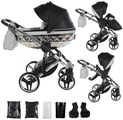 Junama Kinderwagen Diamond Hand Craft Glitter 2in1 3in1 4in1 (03 - Schwarz und Silber, 2in1 mit Adaptern)