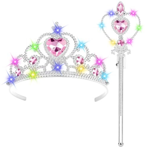 HOTUT Princesse Dress-Up Accessoires, 2 pièces Accessoires de Fête d'habillage de Princesse, avec LED Lumineux Diadème/Baguette Magique, Parfait pour Cosplay Noël Fête-Lumières Colorées-Rose