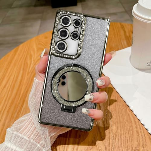 Altartar Glitzer Hülle für Samsung Galaxy S25 Ultra Magnetisch Handyhülle mit Ständer,Spiegel Makeup Schutzhülle Samsung S25 Ultra Hülle Durchsichtig Damen Mädchen Bling Diamant Dünn TPU Case-Schwarz