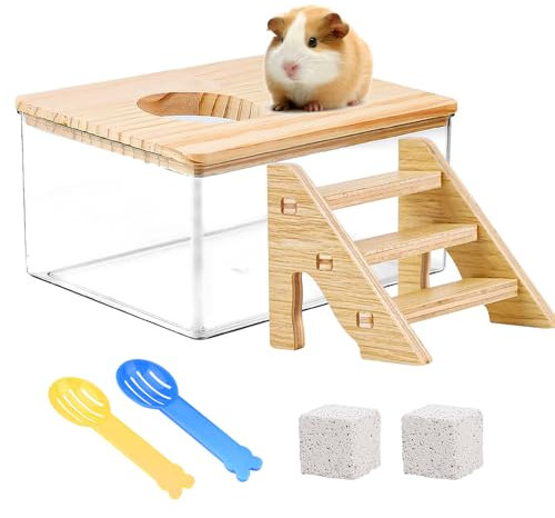 XRPRPX Bañera de Arena para Hámster de 18,5 x 12,5 x 8,5 cm Baño de Arena para Chinchilla con 1 Escala de Madera 2 Palas de Limpieza y 2 Piedras para Limar Dientes Piscina de Arena para Roedores