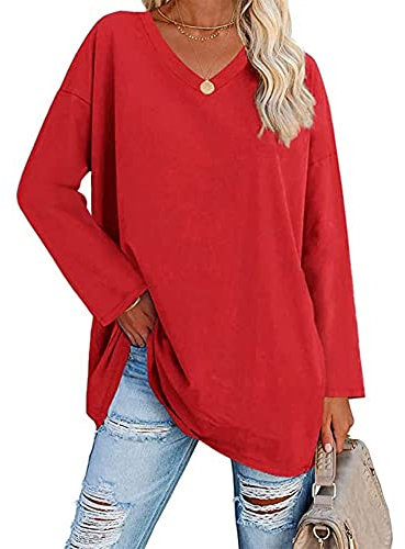 Famulily Oversized Long Sleeve Tshirt Tops Women's V Neck Simple Basic Solid Color Loose Tunic Tops (XL, Red)
