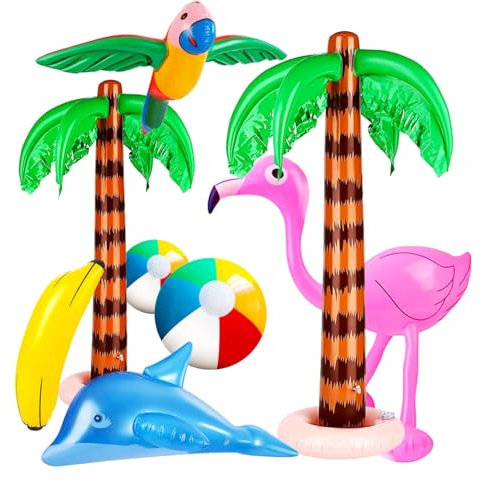 wokar aufblasbare Palmen Kokosnussbaum Set, aufblasbare Palme Groß Strandspielzeug Set inkl. Flamingo Wasserball Delphin Bananen Strandbälle Pool Spielzeug für Beach Deko Mottoparty Hawaii Deko Party