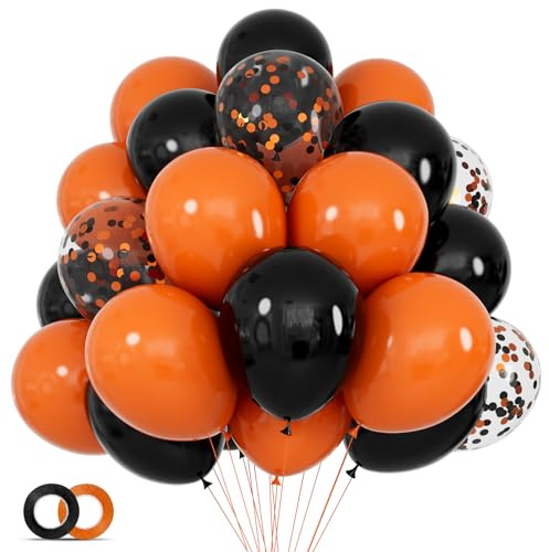 68Pcs Black and Orange Balloons, Halloween Balloon 12 inch Confetti Ballons Orange Latex Balloon Set with Ribbons for Birthday Halloween Graduation Spooky Party Decorations.