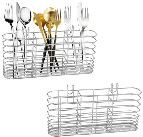 2Pcs Kitchen Utensils Holder, Stainless Steel Cutlery Hanging Basket, Rustproof Hollow Out Quick Drying Utensil Drying Basket for Cooking Utensils, Spoons, Spatulas, Forks