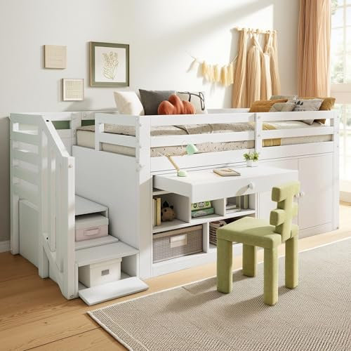 Cama Infantil Multifuncional de Madera con Escalera Intercambiable Izq/Der + Almacenamiento, Cajones Reversibles y Escritorio Integrado, 90x200 cm