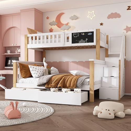 Fppuueg Litera de 90x200 y 140x200 con Pizarras y Cajones, Litera Infantil con Barandillas de Protección Contra Caídas y Escaleras de Almacenaje, Cama Literas Matrimonio, Blanco y Natural, Sin Colchon
