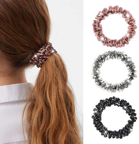 Haarschmuck Schwarz, 3 Stück Kristall-Haargummis, Elastische Strasssteinen Haarbänder, Modischer Haarschmuck Für Damen Und Mädchen (Schwarz, Silbergrau, Lila)