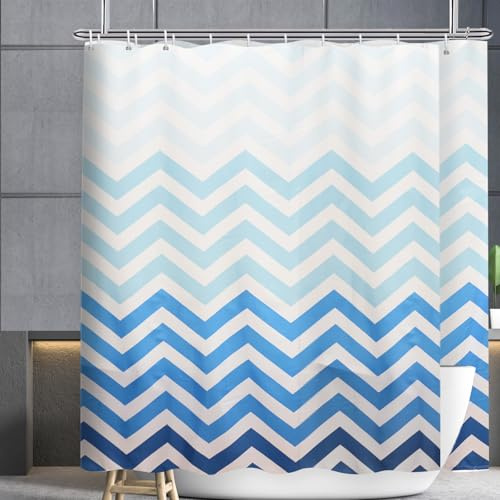 YISURE Duschvorhang Stoff Textil extrabreiter für Badezimmer und Badewanne | Waschbar Farbverlauf von Blau zu Weiß Chevron Badewannenvorhang, Perfekt als Raumteiler, Breite 400 x Höhe 200cm