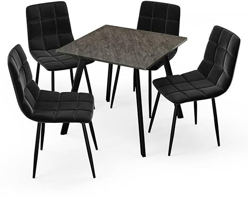 URBNLIVING 80cm Square Table with 4 Velvet Chairs | Stylish Dining Set for Apartment & Small Spaces - Slate Grey Table Black Chair