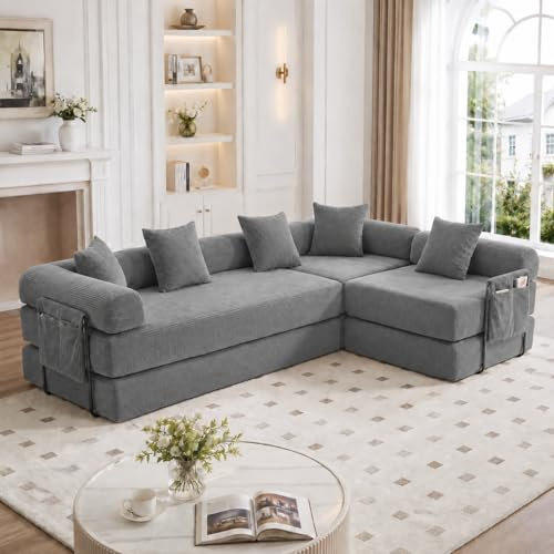 ZIDEY Schlafsofa, Module Sofa mit Schlaffunktion, Bettsofa ausziehbar mit Stauraum und 5 Kissen, Schlafcouch, Klappsofa, Kompressionssofa Für Wohnzimmer & Schlafzimmer, Dunkelgrau