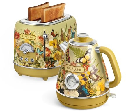 Hazel Quinn x Eduardo Recife Kettle and Toaster Sets- Floral Design | 1.7L 2200W Stainless Steel Kettle with Auto Shut-Off & 2-Slice 815W Toaster with 6 Browning Settings, Defrost/Reheat/Cancel
