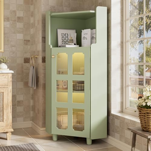 kozamas Armoire d'angle LED - 63,5 x 124 cm - En MDF laqué contrôlé par application - Avec éclairage, bibliothèque et rangement pour salon, salle de bain, chambre à coucher - Vert
