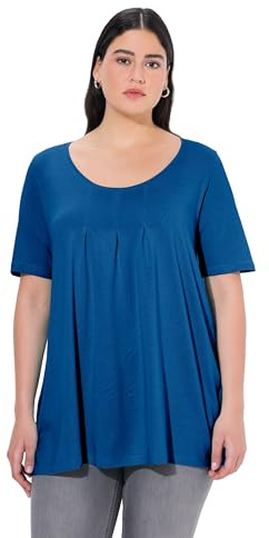 Ulla Popken Damen große Größen Übergrößen Plus Size T-Shirt, Zierfalten, A-Linie, Rundhals, Halbarm, Modal Tintenblau 50+ 796473753-50+