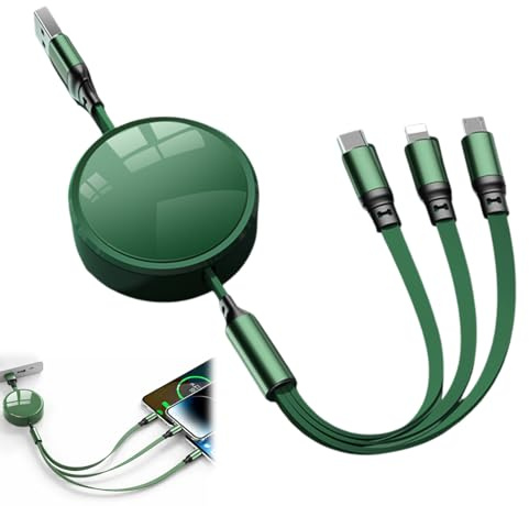 1.2m 100W Retractable Multi Charger Cable 3 in 1, Travel Charger Cable with Fast Charging USB C Port, 6A Charging Cables for Multiple Devices with iPhone Android MacBook, Green Tangle-Free Cord