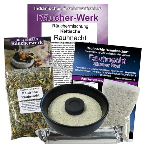 Rauhnächte räuchern 7-TLG Räucher-Set KELTISCHE RAUHNACHT 22-Kräuter Räuchermischung mit RÄUCHERSCHALE, Räucherkohle, Anleitung, Rauhnachtfibel, Zubehör 81143-S