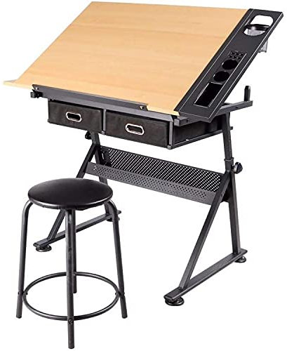 Yaheetech Schreibtisch Zeichentisch zum Malen Neigungsverstellbar Architektentisch mit Schubladen und Hocker Arbeitstisch für Office und Home