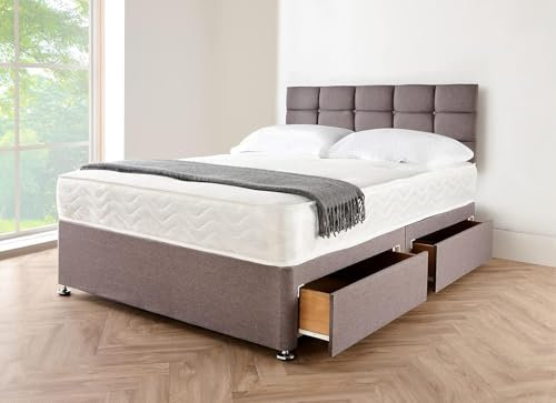 Divan Beds Deals Elegant Grey Linen Look Divan Double Bed Base with Stylish 20 Cube Headboard | Adjustable Double Bed Frame with Storage 2 Spacious Drawers - 4FT6