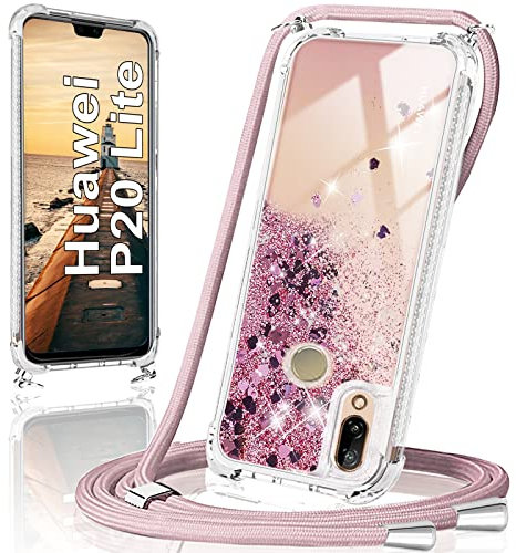 Funda con Cuerda para Huawei P20 Lite,Carcasa Bling Glitter Liquida Cordón Suave Silicona Case con Correa Colgante Ajustable Collar Correa de Cuello Cadena Cordón para Huawei P20 Lite