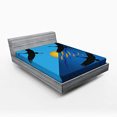 ABAKUHAUS Kran Spannbetttuch, Fliegen-Vogel am Horizont Sonnenuntergang, Soft Dekorativer Stoff Bettwäsche Rund-um Elastischer Gummizug, 160 x 200 cm, Dunkelgrau Sky Blue