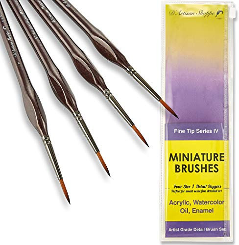 Detail Paint Brushes Set 4pc Rigger Size 1 Miniature Brushes for Small Fine Detailing & Art Painting - Acrylic, Watercolor, Oil, Models, Nail, Warhammer 40k
