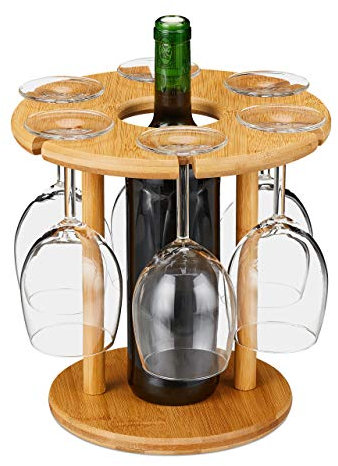relaxdays Porte-Verre à vin, Bambou, pour 6 récipients, Ø de 25 cm, Cadeau, Bar, serviteur Support à Bouteille, Nature