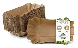 BIOZOYG Barquettes en carton carrés 14 x 9 x 3 cm I Assiette brune en carton recyclé pour frites, saucisses, etc. I recyclable - écologique I barquette à frites rectangulaires 250 pièces