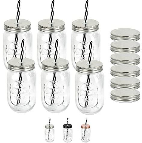Schramm® 6 Stück Trinkgläser 500 ml mit Strohhalm wiederverwendbar Glas Gläser Einmachgläser mit 12 Deckeln wählbar in silber, bronze, schwarz und bunt Aufbewahrungsglas, Farbe:silber